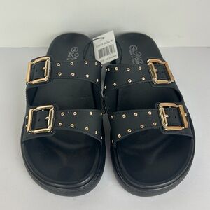 NWT Niki Slip On Sandals Women's 9 Black Wide Strap Gold Buckle Studded Sandals